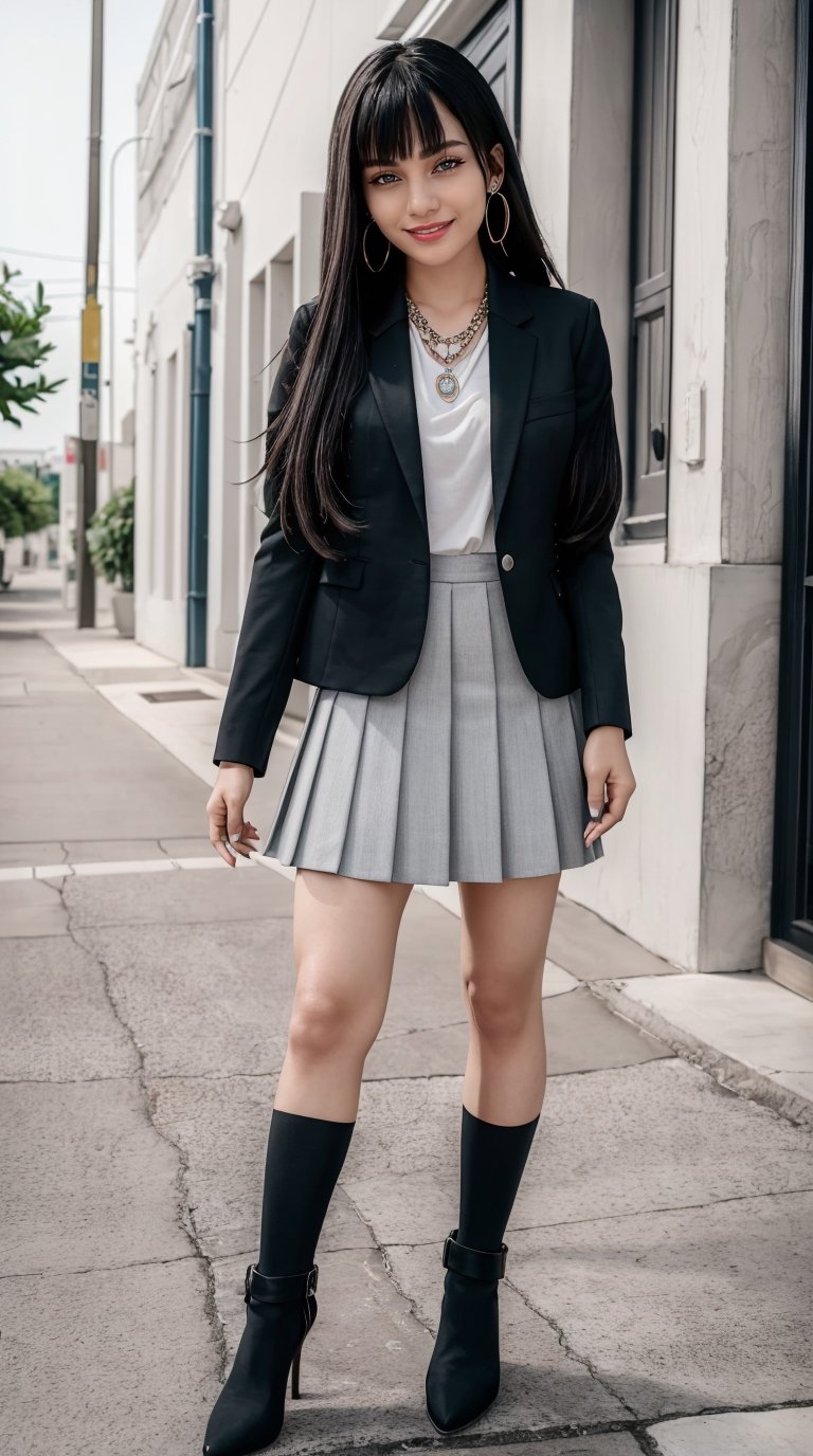 (best quality, masterpiece, ultra detailed, 8K, RAW photo), full body, absuredres, a beautiful student model, long black hair with blunt bangs, school uniform, grey eyes, parted greasy lips,kind smile,intricate jewelry,necklace,earrings, bliss, joyful, vibrant color, colorful,