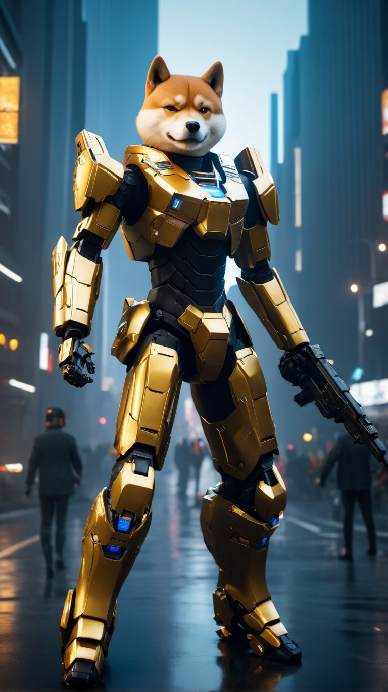 A futuristic battle scene unfolds as an angry Shiba Inu dog mecha robo soldier character, anthropomorphized and clad in sleek, reflective armor, stands firmly with a golden staff held aloft. RGB lighting dances across the suit's metallic surfaces, casting a mesmerizing glow on the darkened environment. Cinematic lighting illuminates the scene, exaggerating the mecha's features through intense contrast and depth of field. The camera captures every detail in 32K UHD resolution, rendering the character's realistic textures and intricate design with hyperdetailed precision. A cute little girl, perhaps a commanding officer or loyal ally, stands nearby, observing the mecha's determined stance amidst a backdrop of futuristic devastation.