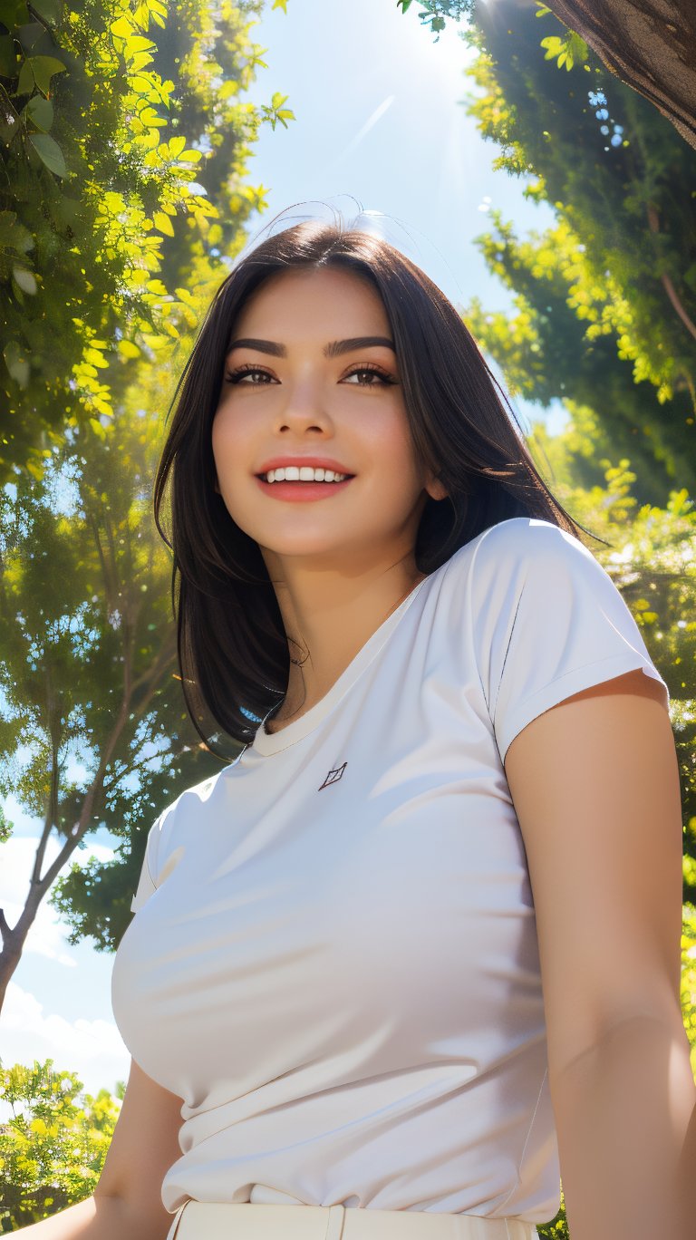 Masterpiece, top quality, high definition, artistic composition, 1 girl, upper body, composition from below, smiling, cotton shirt, looking at me, blue sky, sunlight through trees, casual, portrait, warm, reaching out