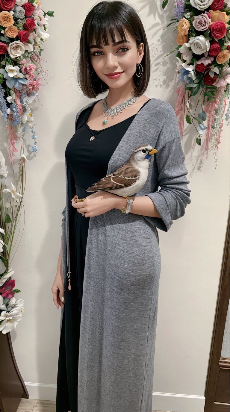 (best quality, masterpiece, ultra detailed, 8K, RAW photo), full body, absuredres, a beautiful student model holding a sparrow, long black chignon with blunt bangs, azure outfit,grey eyes,parted greasy lips,kind smile,intricate jewelry,necklace,earrings, bliss, joyful, floral background,vibrant color, colorful,