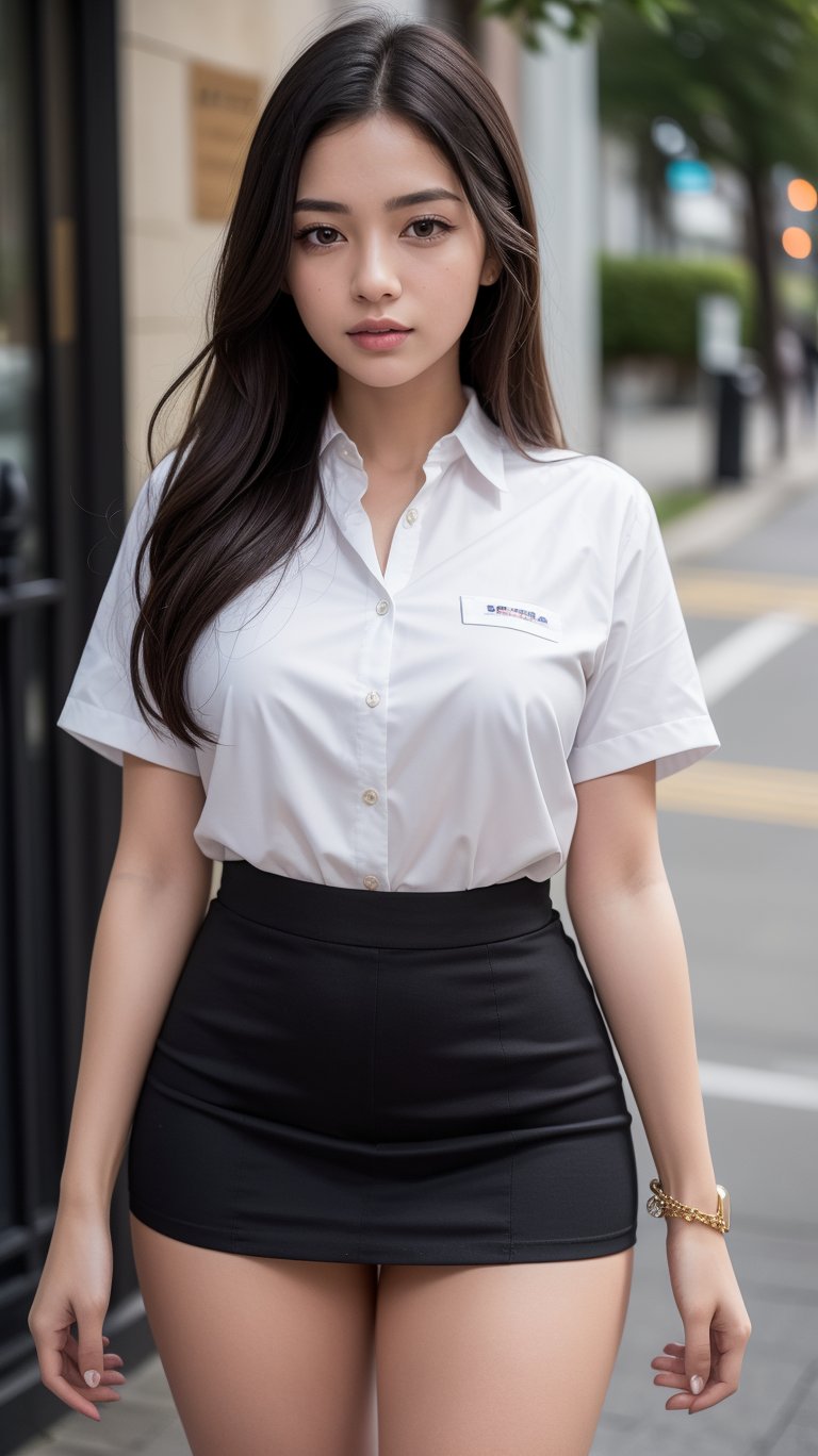 Here is a high-quality, realistic prompt for the described image:

A stunning 8K UHD photograph of a beautiful girl (1.2) wearing a colorful school uniform with a miniskirt and long, curly black hair (1.1). She stands facing the viewer, exuding confidence, with intricate details on her jewelry (1.4) and school uniform. The background is blurred to focus attention on the subject. The lighting is cinematic, with deep shadows that add depth and dimensionality to the image. The iridescent quality of the lighting creates a mesmerizing effect, highlighting the girl's features. The composition is professional, with perfect framing and no distractions. The overall look is a masterpiece of realistic, ultra-detailed photography, showcasing the subject in extreme detail.