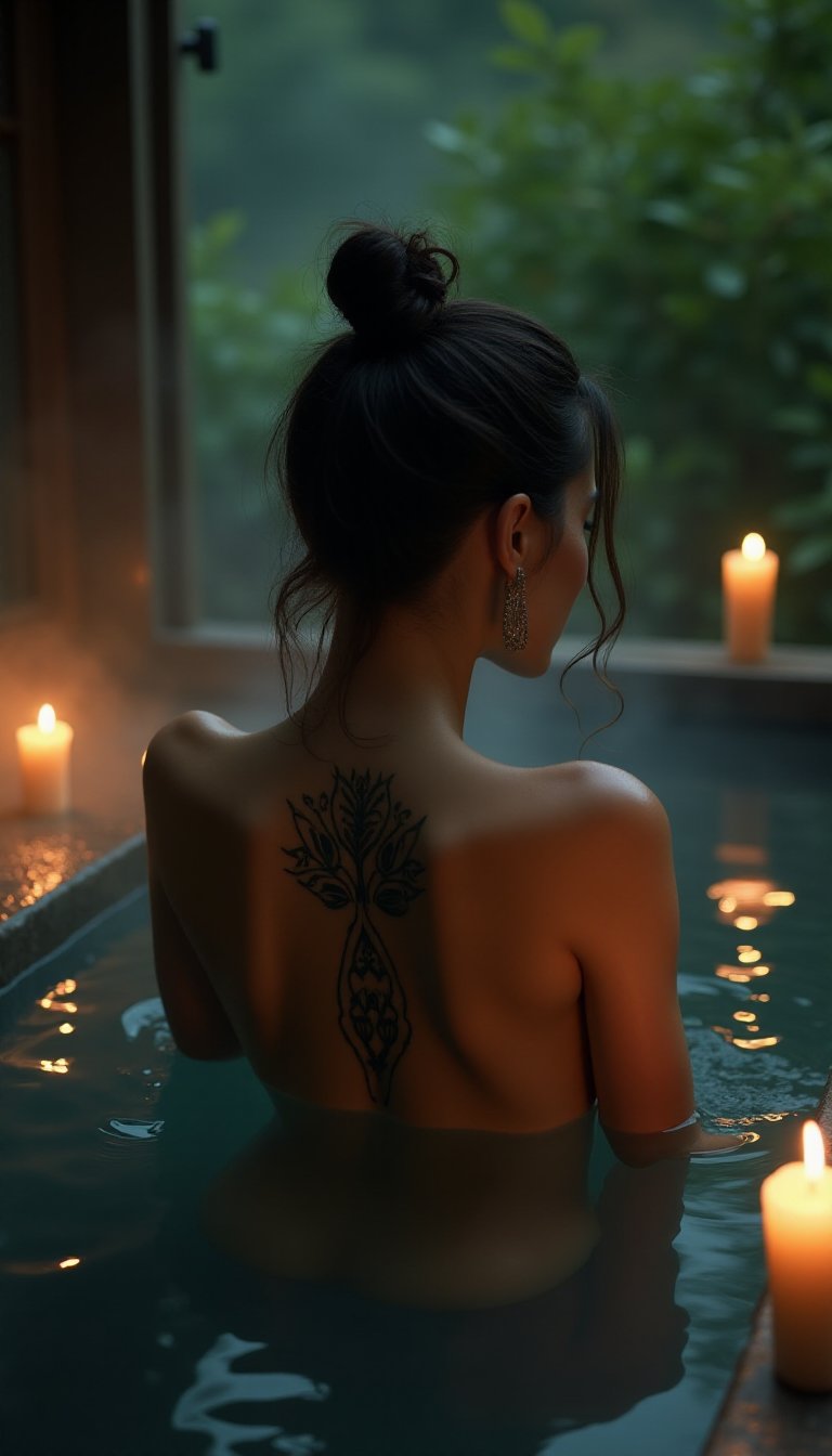 A serene evening scene: a stunning woman, her long hair tied up in a elegant bun, basks in the warm glow of candlelight within a secluded hot spring. The air is thick with steam, and the dimly lit atmosphere is only illuminated by the soft flicker of candles. Her toned physique glistens in the dim light, adorned with intricate tattoos on her back. The lush surroundings of springtime blend seamlessly with the natural beauty of this mysterious woman, exuding an aura of allure and mystique.