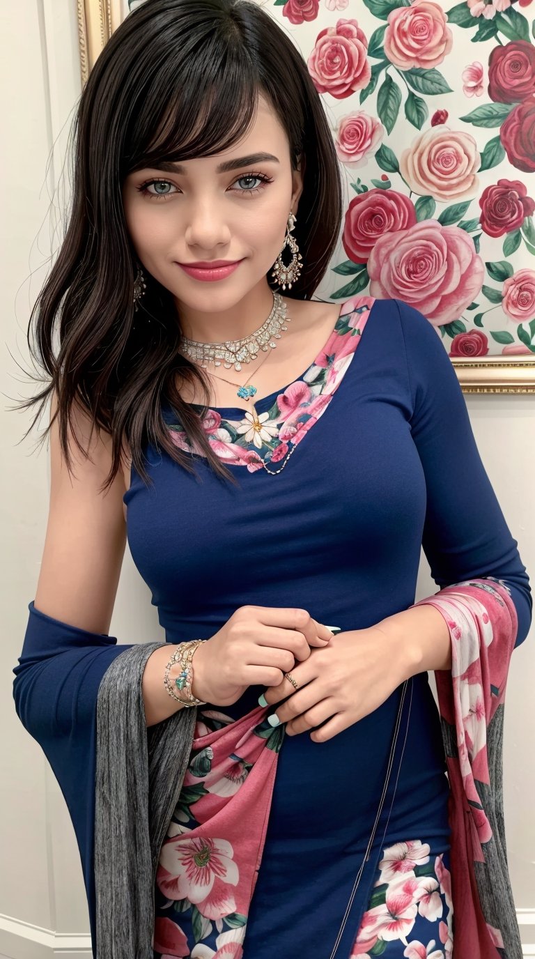 (best quality, masterpiece, ultra detailed, 8K, RAW photo), full body, absuredres, a beautiful student model, long black chignon with blunt bangs, azure outfit,grey eyes,parted greasy lips,kind smile,intricate jewelry,necklace,earrings, bliss, joyful, floral background,vibrant color, colorful,