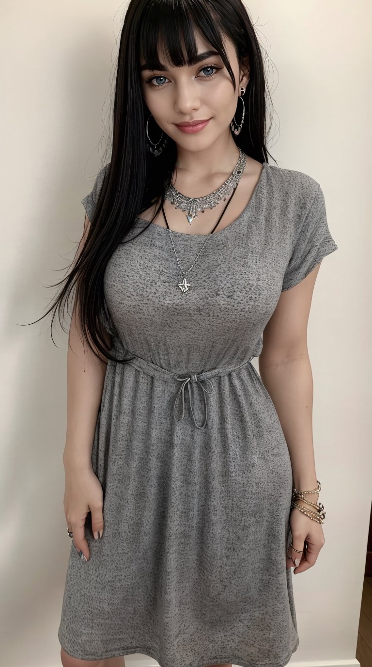 (best quality, masterpiece, ultra detailed, 8K, RAW photo), full body, absuredres, a beautiful student model, long black hair with blunt bangs, t-shirt dress, grey eyes, parted greasy lips,kind smile,intricate jewelry,necklace,earrings, bliss, joyful, vibrant color, colorful,