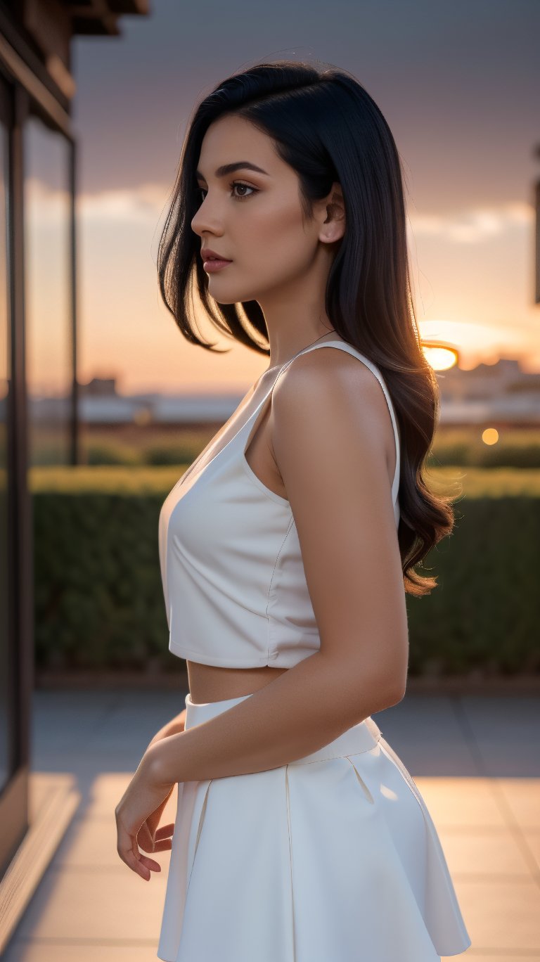 A stunning young woman with short, raven-black hair and a flowing white skirt that hugs her curves, posing in profile against the warm glow of a sunset. The vibrant hues of the fading light are captured in a bold, red-scale aesthetic, as if plucked from a classic film noir. A delicate flower adorns her shoulder, adding a touch of whimsy to this captivating scene.