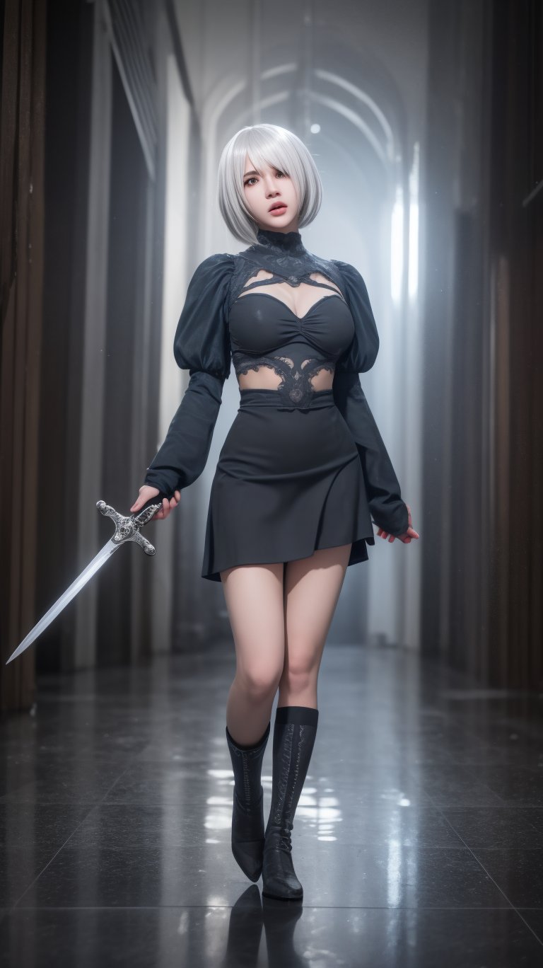 1 woman, solo, yorha_no._2_type_b, short hair, white hair, mole, mole under mouth, skirt, black outfit, sword, standing, facing the viewer, face full of fear, in pain, crying, wide angle shot, full body shot, boots