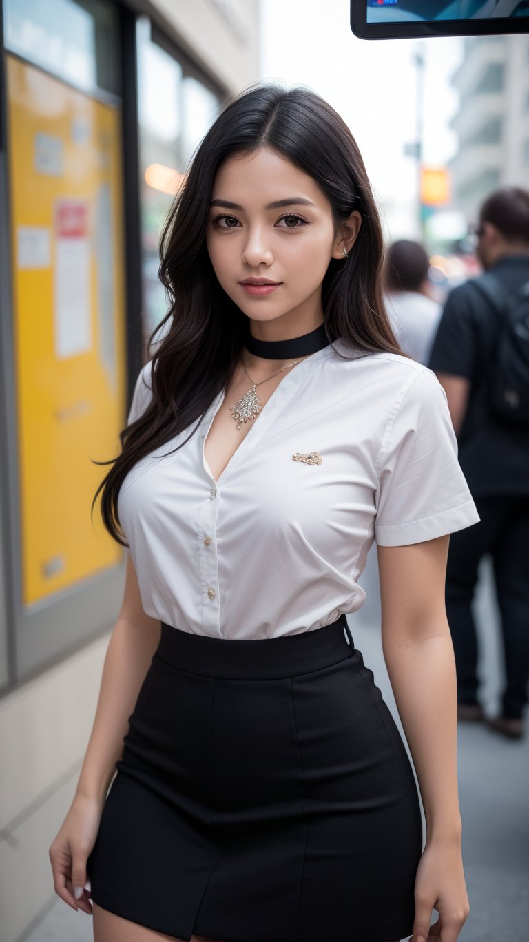 Capture a masterpiece of photography featuring a stunning girl with long, curly black hair (1.1) and intricate details in her school uniform, complete with a miniskirt and random colors. The scene is set in front of a striking fractal pattern (abstract) that creates a sense of depth and dimensionality. Professional HDR lighting (8k UHD RAW photo) casts a cinematic glow, accentuating the subject's features while also capturing the subtle play of iridescent lighting on her skin. Jewelry (1.4) adorns her neck, drawing attention to her radiant smile as she faces the viewer directly. The image is rendered in breathtaking detail, with every curl of hair and fold of fabric meticulously captured. Apply a realistic LUT for a true-to-life representation.