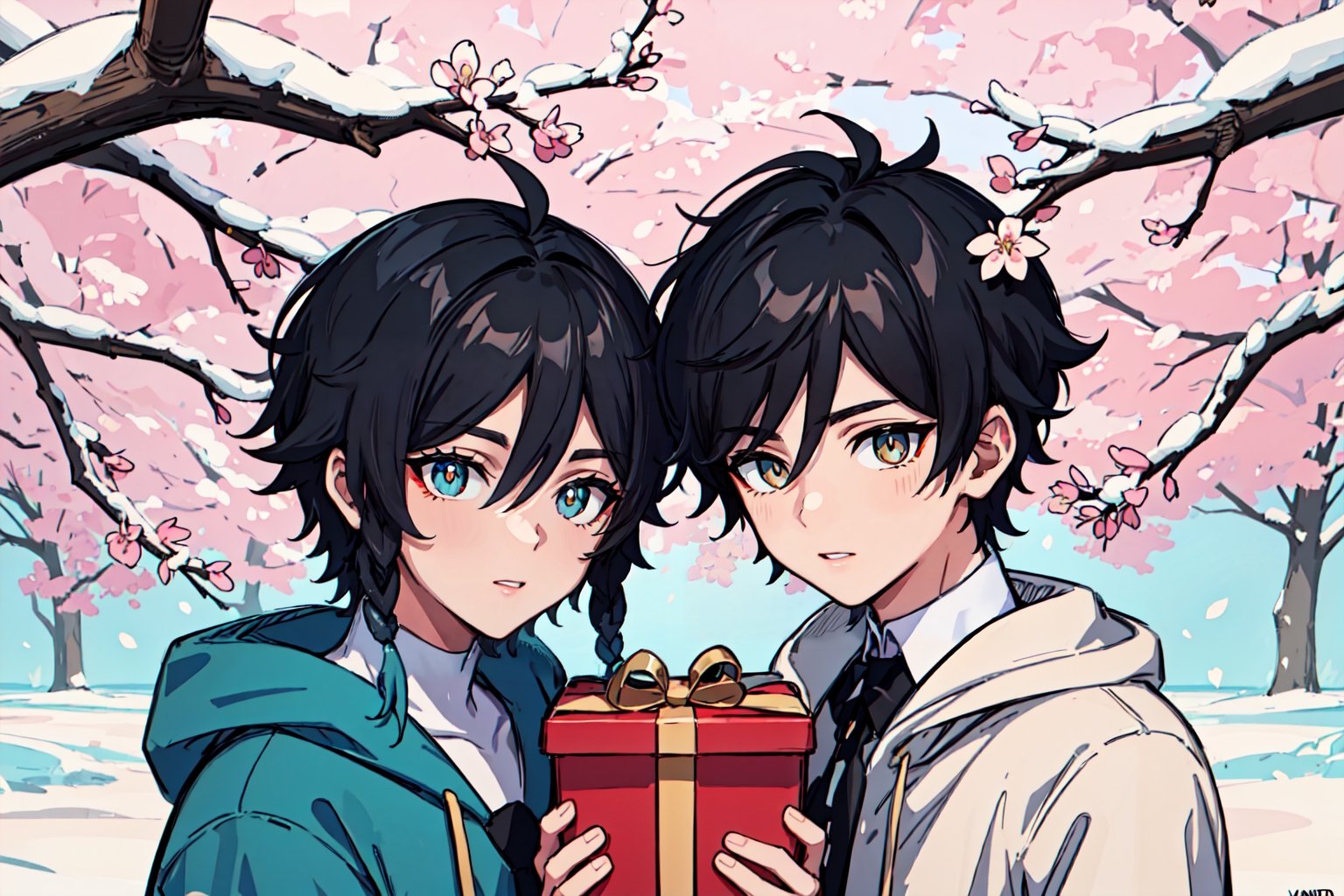 masterpiece, best quality, two boys, 2boys, messy_hair, hairclips, casual outfit, tree, snow, new year, gifts, standing, sky, cherry blossoms, looking at viewer, upper body, character (series), ventidef,