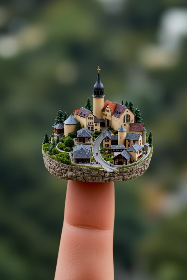 Create an ultra-realistic image of a miniature village standing on a human finger, suitable for high-end publicity. The village should be intricately detailed, with a focus on accuracy and realism. The style should be reminiscent of high-end architectural or product photography, with precise lighting and textures. The image should not contain any logos, signatures, or other defects. The miniature village should be the main focus of the image, with the human finger serving as a subtle yet effective prop to emphasize the scale and detail of the village. The overall mood of the image should be one of wonder and curiosity, inviting the viewer to explore the intricate details of the miniature world.