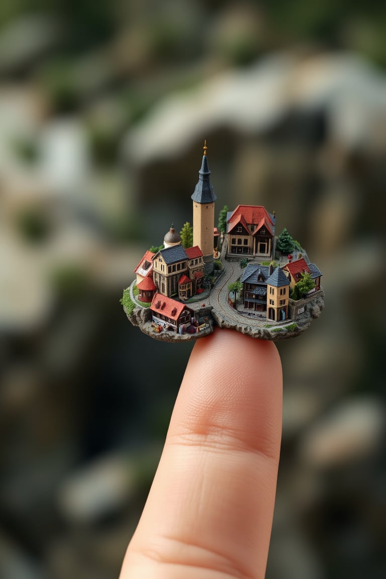 Create an ultra-realistic image of a miniature village standing on a human finger, suitable for high-end publicity. The village should be intricately detailed, with a focus on accuracy and realism. The style should be reminiscent of high-end architectural or product photography, with precise lighting and textures. The image should not contain any logos, signatures, or other defects. The miniature village should be the main focus of the image, with the human finger serving as a subtle yet effective prop to emphasize the scale and detail of the village. The overall mood of the image should be one of wonder and curiosity, inviting the viewer to explore the intricate details of the miniature world.