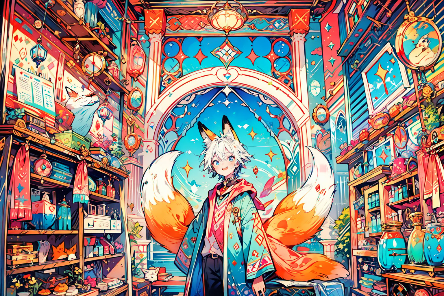 (1boy, fox ears:1.3), colorful potion, (potion shop in fantasy world),  pastelbg, best quality, highly detailed, masterpiece, 8K ,watercolor, 