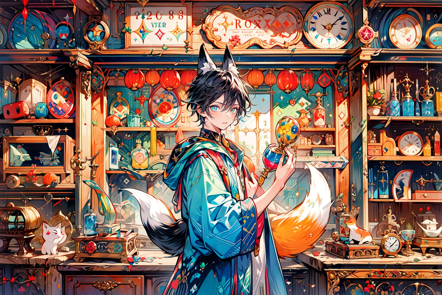 (1boy, fox ears:1.3), colorful potion, (potion shop in fantasy world),  pastelbg, best quality, highly detailed, masterpiece, 8K ,watercolor, 