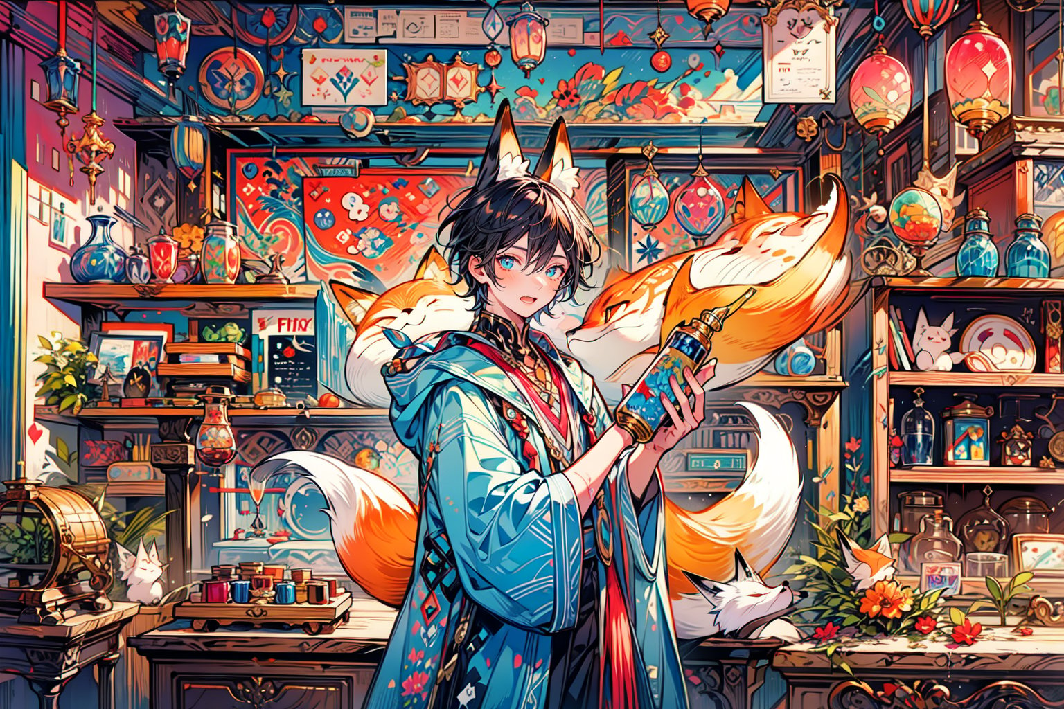 (1boy, fox ears:1.3), colorful potion, (potion shop in fantasy world),  pastelbg, best quality, highly detailed, masterpiece, 8K ,watercolor, 