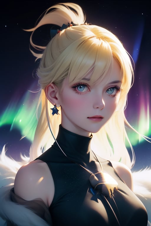 A beautiful woman in front of a colorful aurora borealis and (star speckled nebula).  she has wind blown streaming blonde hair, chin rounded,, eyes slightly hazel, looking at camera,  jewel studded necklase and earings with lens flare, portrait has a mystical and mysterious tone.