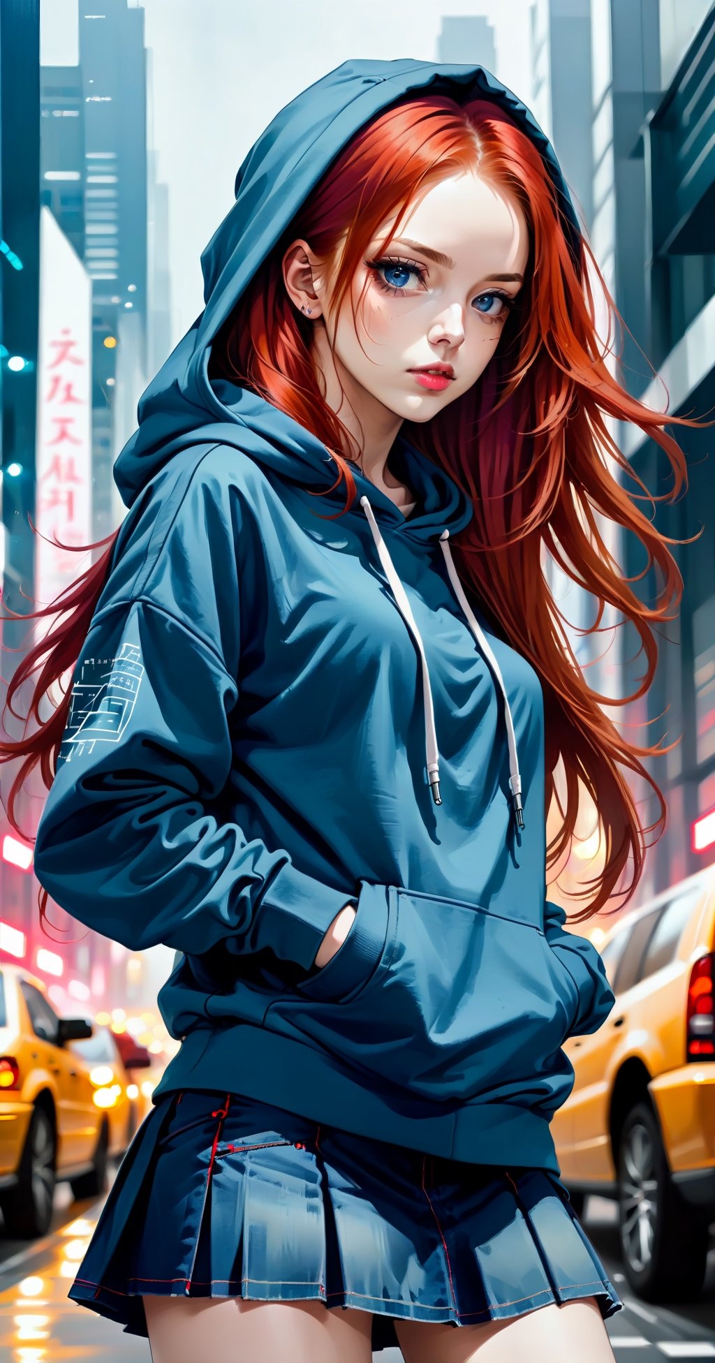 Request masterpiece, (beautiful and aesthetic: 1.5), highly detailed painting of a beautiful student girl with long red hair, wearing a blue hoodie, hood, micro jeans skirt, modern gun in the hand, hard brush, minimalist painting low polygonal, manga style, sketched oil paintings, use of screen tones, city portraits, heavy painting, digital as manual, perfect body, medium tits, look down, wiew from front, walking in futuristic city