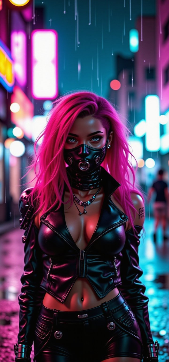 Crea un’immagine di un personaggio con capelli rossi e un’estetica futuristica cyberpunk, che si trova nel mezzo di una strada cittadina illuminata da neon di notte. Il personaggio indossa abiti moderni e audaci con toni scuri e accenti metallici, completi di accessori che suggeriscono una fusione tra tecnologia e moda. Ci sono veicoli volanti che fluttuano sopra, e il bagliore di vari cartelli in una scrittura sconosciuta aggiunge all’atmosfera urbana ((night)),rain,tattoos,Combat posture,((cyborg)),((Mechanical mask)),FLUXCyberpunknime,REALNIME, QTGIRLREAL