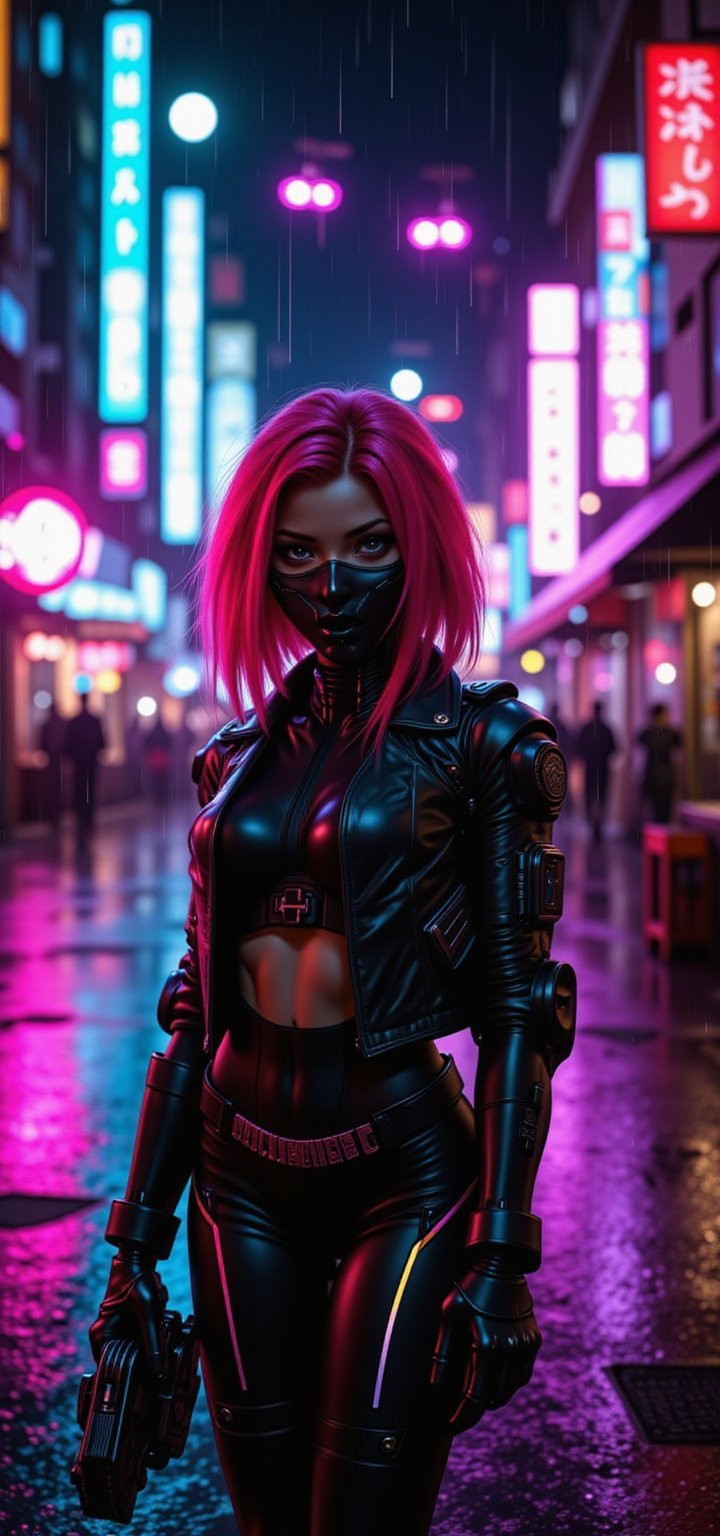 Crea un’immagine di un personaggio con capelli rossi e un’estetica futuristica cyberpunk, che si trova nel mezzo di una strada cittadina illuminata da neon di notte. Il personaggio indossa abiti moderni e audaci con toni scuri e accenti metallici, completi di accessori che suggeriscono una fusione tra tecnologia e moda. Ci sono veicoli volanti che fluttuano sopra, e il bagliore di vari cartelli in una scrittura sconosciuta aggiunge all’atmosfera urbana ((night)),rain,tattoos,Combat posture,((cyborg)),((Mechanical mask)),FLUXCyberpunknime,REALNIME, QTGIRLREAL