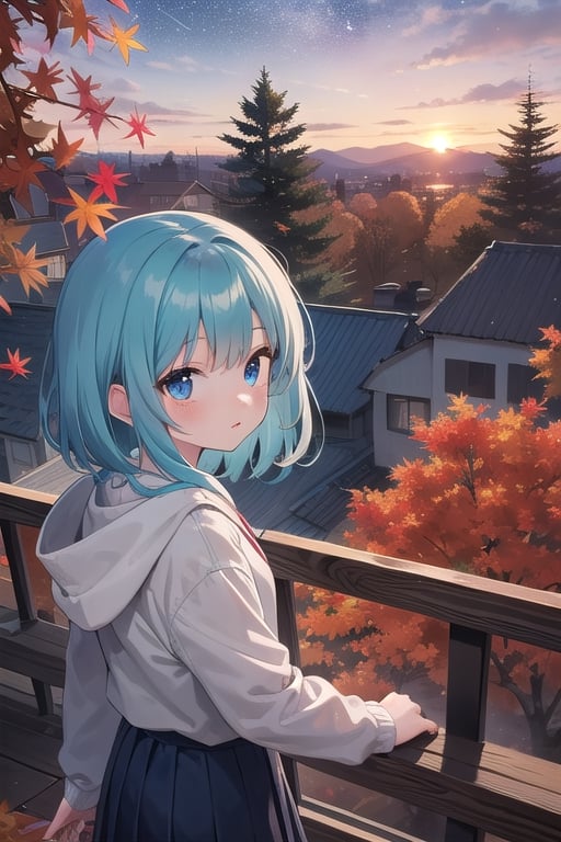 a young girls looks at the sunset sky from a roof, autumn, fall colors, leaves, trees, sky, with autumn colors and Prussian blue, cyan, ultramarine, fuchsia, purple, lots of stars