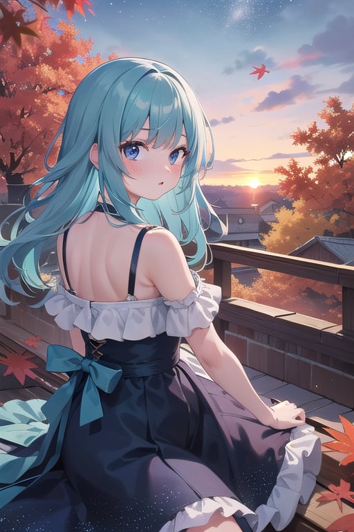 a young girls looks at the sunset sky from a roof, summer, summer colors, leaves, trees, sky, with autumn colors and Prussian blue, cyan, ultramarine, fuchsia, purple, lots of stars