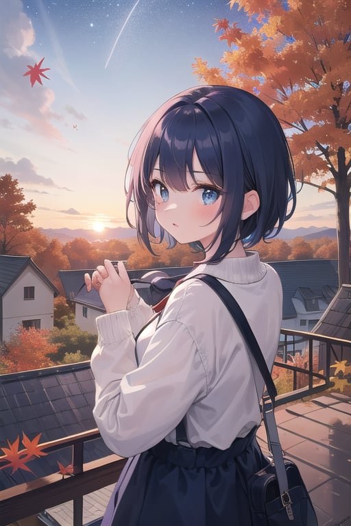 a young girls looks at the sunset sky from a roof, autumn, fall colors, leaves, trees, sky, with autumn colors and Prussian blue, cyan, ultramarine, fuchsia, purple, lots of stars