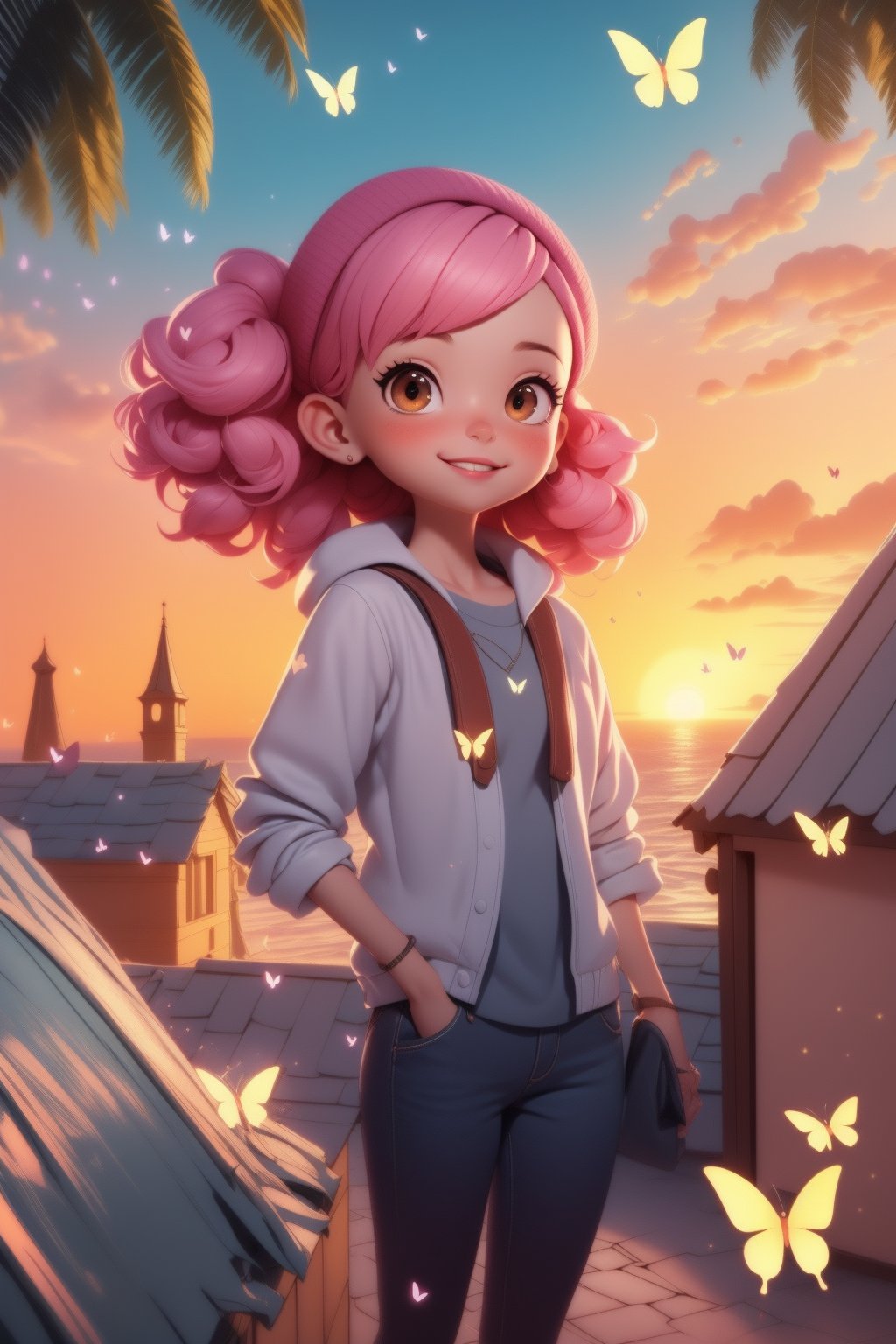 Prompt: a young girls looks at the sunset sky from a roof, summer, summer colors, butterfly, 
