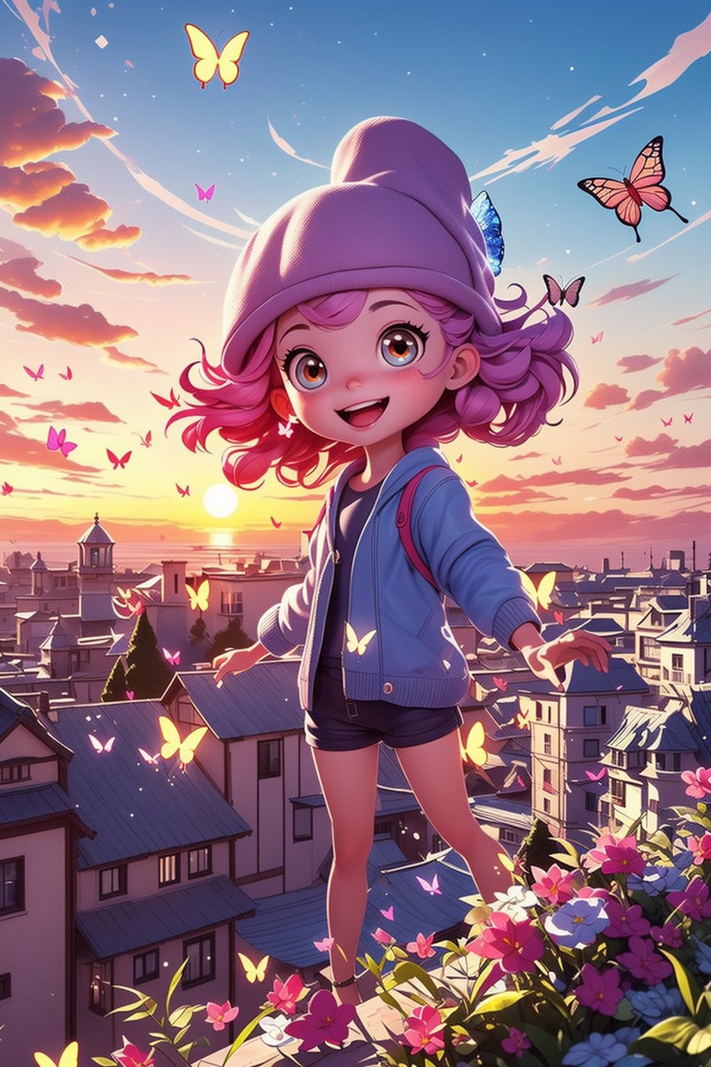 Prompt: a young girls looks at the sunset sky from a roof, summer, summer colors, butterfly, 
