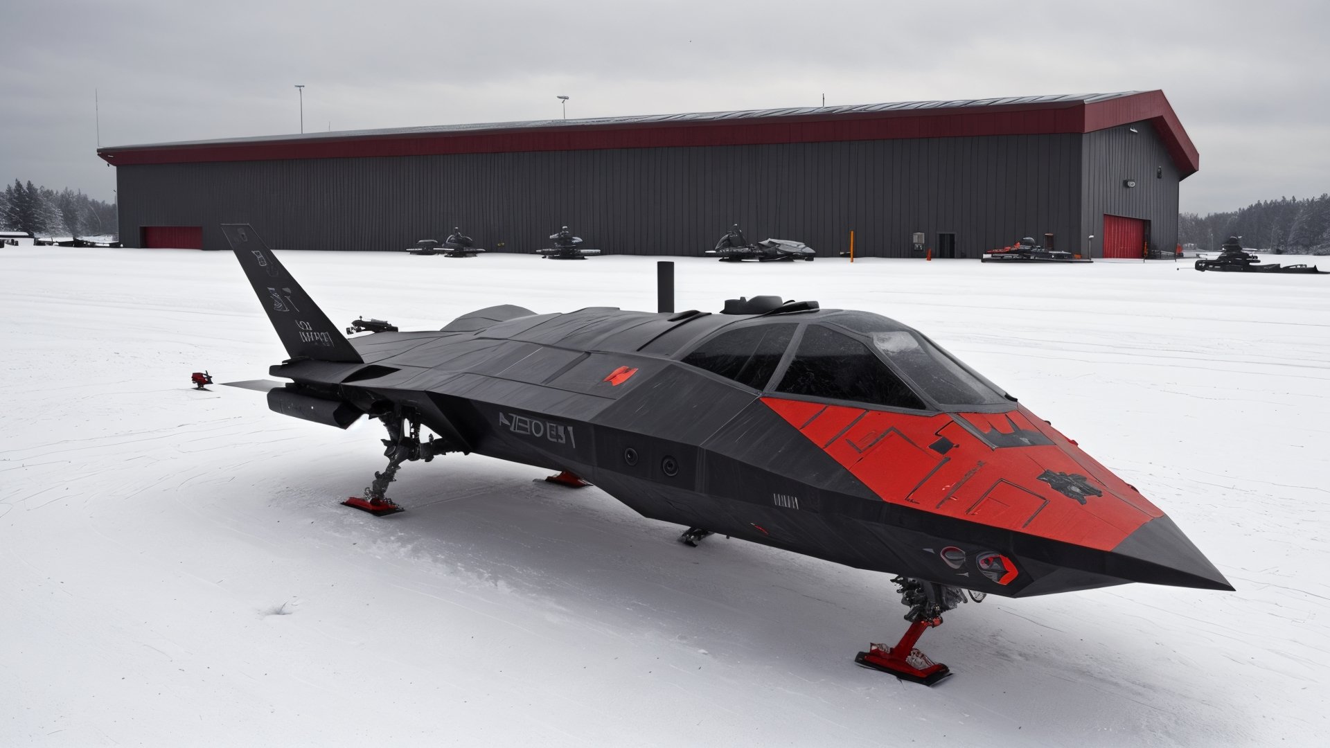 Futuristic, military, advanced technology, sleak, overkill, nextgen, impressive design, spacecraft, beside hangar, black, silver and red alloy, heavy snowfall, REALISTIC