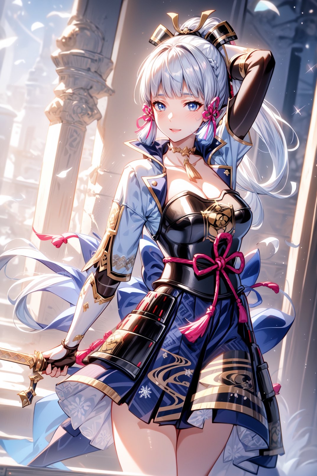 a girl in a dress holding a sword, long hair, smile, bangs, blue eyes, hair ornament, gloves, ribbon, platinum white hair, hair ribbon, ponytail, side locks, Japanese clothes, blunt bangs, armor, mole , arm up, fan hand, ice, braid ribbon, breastplate, armored dress, Japanese armor, snowflakes, holding fan, kamisato ayaka,genshin impcat,
skin, realistic,BODY
photon mapping
more details
16k,Hdr,cg, 3d, maintain maximum image detail,photography,high resolution,Anti Aliasing,(((SEXY)))








