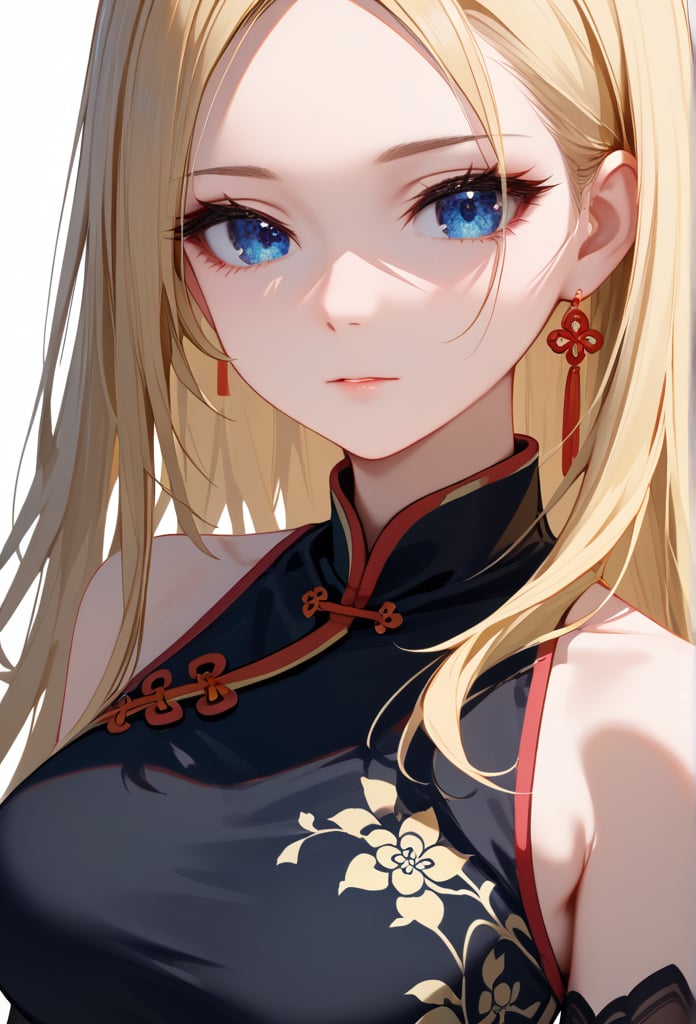 (High-resolution images、4k,masterpiece:1.5),1 girl, (Close-up of face, face: 1.7), bare shoulders,  blonde hair, blue , blue eyes,  breasts, cheongsam, chinese clothes, black dress, elbow gloves, parted bangs, gloves, medium breasts, long hair,   clear face, solo,、
,score_9_up, score_8_up, masterpiece, best quality