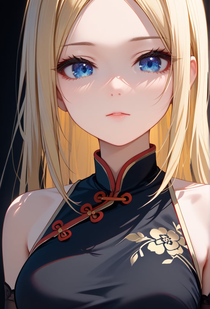 (High-resolution images、4k,masterpiece:1.5),1 girl, (Close-up of face, face: 1.7), bare shoulders,  blonde hair, blue , blue eyes,  breasts, cheongsam, chinese clothes, black dress, elbow gloves, parted bangs, gloves, medium breasts, long hair,   clear face, solo,、
,score_9_up, score_8_up, masterpiece, best quality