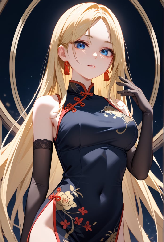 (High-resolution images、4k,masterpiece:1.5),1 girl, (Close-up of face, face), bare shoulders,  blonde hair, blue , blue eyes,  breasts, cheongsam, chinese clothes, black dress, elbow gloves, parted bangs, gloves, medium breasts, long hair,   clear face, solo,、
,score_9_up, score_8_up, masterpiece, best quality