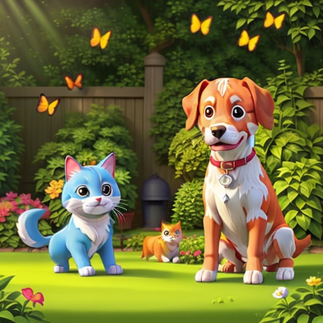 A serene outdoor scene featuring one playful dog and one curious cat, both in a lush garden. The dog is mid-action, chasing a butterfly, while the cat sits alert, observing the surroundings. Soft morning light illuminates the scene, highlighting the vibrant green foliage and the animals' fur. Compositionally, the dog is slightly off-center, adding dynamism, while the cat is positioned closer to the foreground, emphasizing its focused expression.