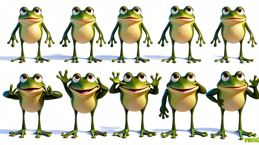 Create a character design sheet for the frog. Pixar cartoon style; includes various poses, angles, and expressions. Frogs should have an honest and determined appearance. Show his different emotions such as happiness, sadness, anger, surprise. Includes front, side and rear views.White background.