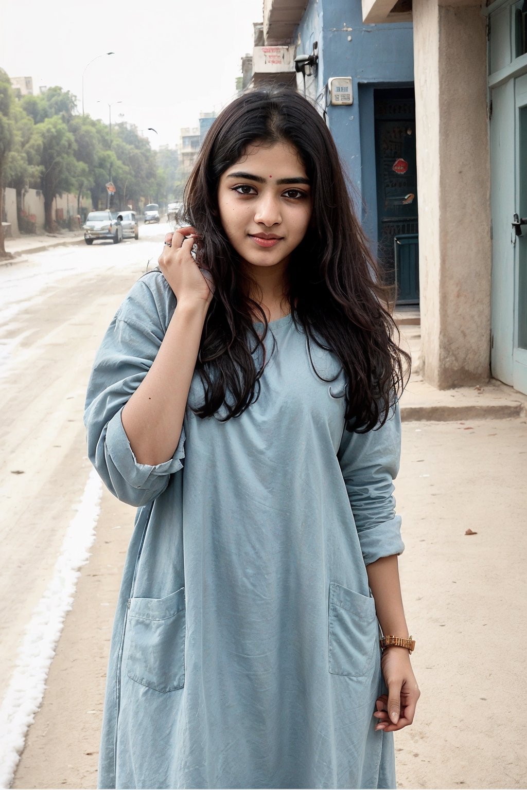 lovely cute young attractive indian teenage girl in winter dress ,  23 years old, cute, an Instagram model, winter, in delhi street, one hand on weist and the other hand on head