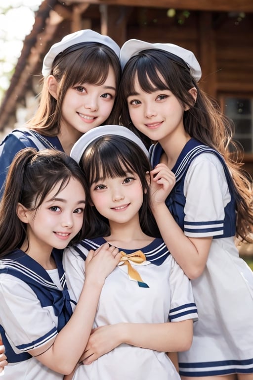 3 girls, (drooping eye), extrereamly cute face, round face,  rim light, blurry background, plump cheeks,sailor_girls,multiple girls, smile