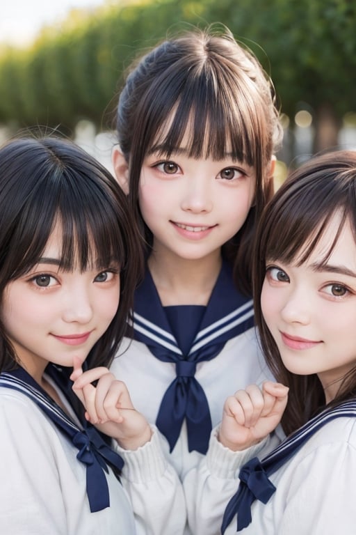 3 girls, (drooping eye), extrereamly cute face, round face,  rim light, blurry background, plump cheeks,sailor_girls,multiple girls, smile