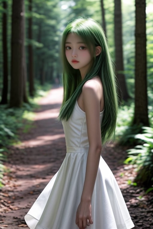 1 girl, 8k, master piece, , (drooping eye), extrereamly cute face, (round face),  rim light, blurry background,  (slim body), (sleepy), green hair, walking, in forest, knee-length hair, no make, white dress, full shot, side shot,<lora:659111690174031528:1.0>