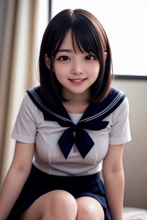 1 girl, open mouth, smile , (drooping eye), extrereamly cute face, round face,  rim light, blurry background, plump cheeks, micro black skirt,sailor_girls, boob cartain, viewed_from_below , white panty, sitting,<lora:659111690174031528:1.0>