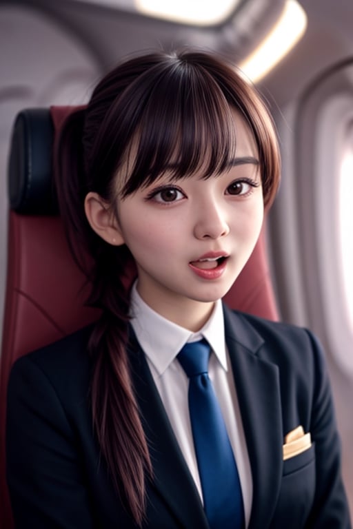 1 girl, 25yo, open mouth,  joy,  (pony tail hair), (drooping eye), extrereamly cute face, round face,  rim light, pov, blurry background,clothed, plump cheeks, flight attendant, ribbon tie, jacket, sllim body,<lora:659111690174031528:1.0>