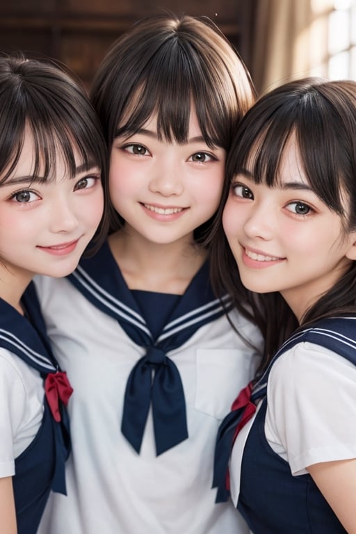 3 girls, (drooping eye), extrereamly cute face, round face,  rim light, blurry background, plump cheeks,sailor_girls,multiple girls, smile