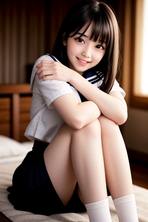 1 girl, open mouth, smile , (drooping eye), extrereamly cute face, round face,  rim light, blurry background, plump cheeks, micro black skirt,sailor_girls, boob cartain, white panty, hugging own legs,<lora:659111690174031528:1.0>