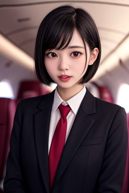 1 girl, 25yo, open mouth,  joy,short hair,  (drooping eye), extrereamly cute face, round face,  rim light, pov, blurry background,clothed, plump cheeks, flight attendant, ribbon tie, jacket, sllim body,<lora:659111690174031528:1.0>