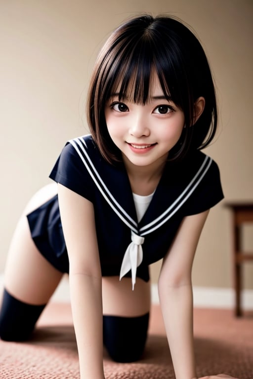 1 girl, open mouth, smile , (drooping eye), extrereamly cute face, round face,  rim light, blurry background, plump cheeks, micro black skirt,sailor_girls, boob cartain, white panty, all fours,<lora:659111690174031528:1.0>