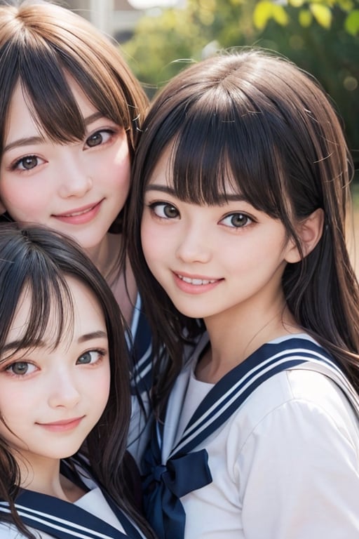 3 girls, (drooping eye), extrereamly cute face, round face,  rim light, blurry background, plump cheeks,sailor_girls,multiple girls, smile