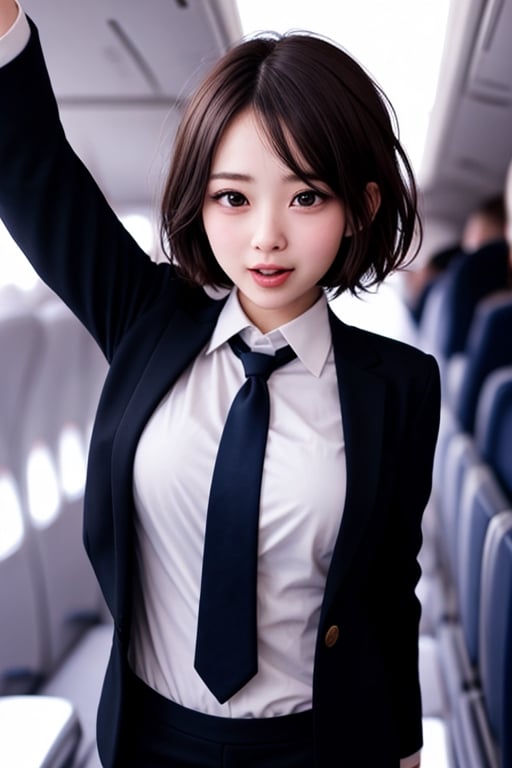 1 girl, 25yo, open mouth,  joy,  (short hair), (drooping eye), extrereamly cute face, round face,  rim light, pov, blurry background,clothed, plump cheeks, flight attendant, ribbon tie, jacket, sllim body,<lora:659111690174031528:1.0>