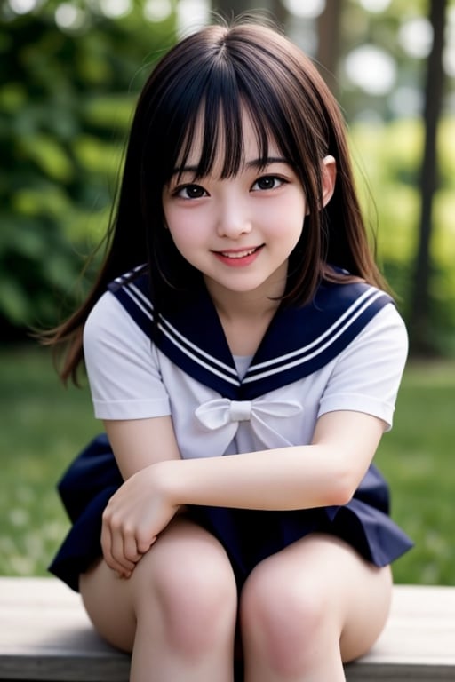 1 girl, open mouth, smile , (drooping eye), extrereamly cute face, round face,  rim light, blurry background, plump cheeks, micro black skirt,sailor_girls, boob cartain, white panty, hugging own legs,<lora:659111690174031528:1.0>