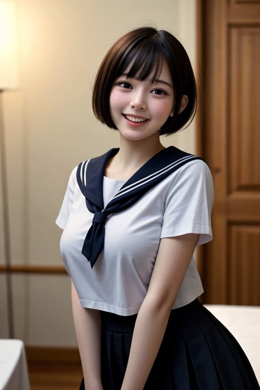 1 girl, 16yo, open mouth, smile ,short hair,  (drooping eye), extrereamly cute face, round face,  rim light, blurry background, plump cheeks, micro black skirt,sailor_girls, boobs, perky breasts,<lora:659111690174031528:1.0>