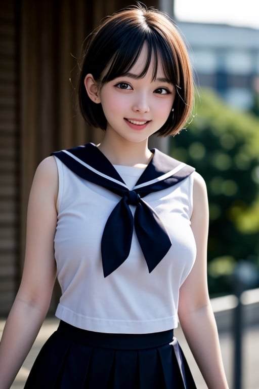 1 girl, 18yo, open mouth, smile ,short hair,  (drooping eye), extrereamly cute face, round face,  rim light, blurry background, plump cheeks, micro black skirt,sailor_girls, boob cartain, viewed_from_below ,<lora:659111690174031528:1.0>