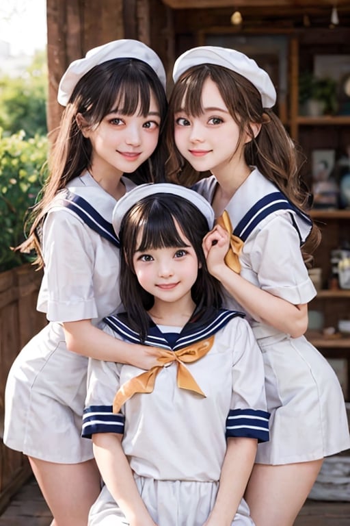 3 girls, (drooping eye), extrereamly cute face, round face,  rim light, blurry background, plump cheeks,sailor_girls,multiple girls, smile