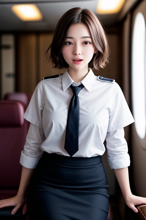 1 girl, 18yo, open mouth,  joy,short hair,  (drooping eye), extrereamly cute face, round face,  rim light, blurry background,clothed, plump cheeks, flight attendant, tie, pencil middle skirt,<lora:659111690174031528:1.0>